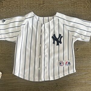 Majestic Kids White and Navy Striped Yankees Baseball Jersey 18M Damon